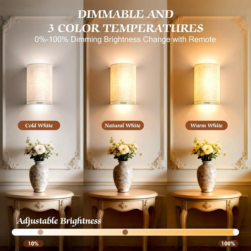 OCATO Battery Operated Wall Sconce: Wireless Wall Sconces Set of Two Magnetic Lamp Rechargeable Lights Dimmable with 16 RGB Colors Fabric Linen Shade with Remote Walls Decor for Bedroom Living Room - Image 2